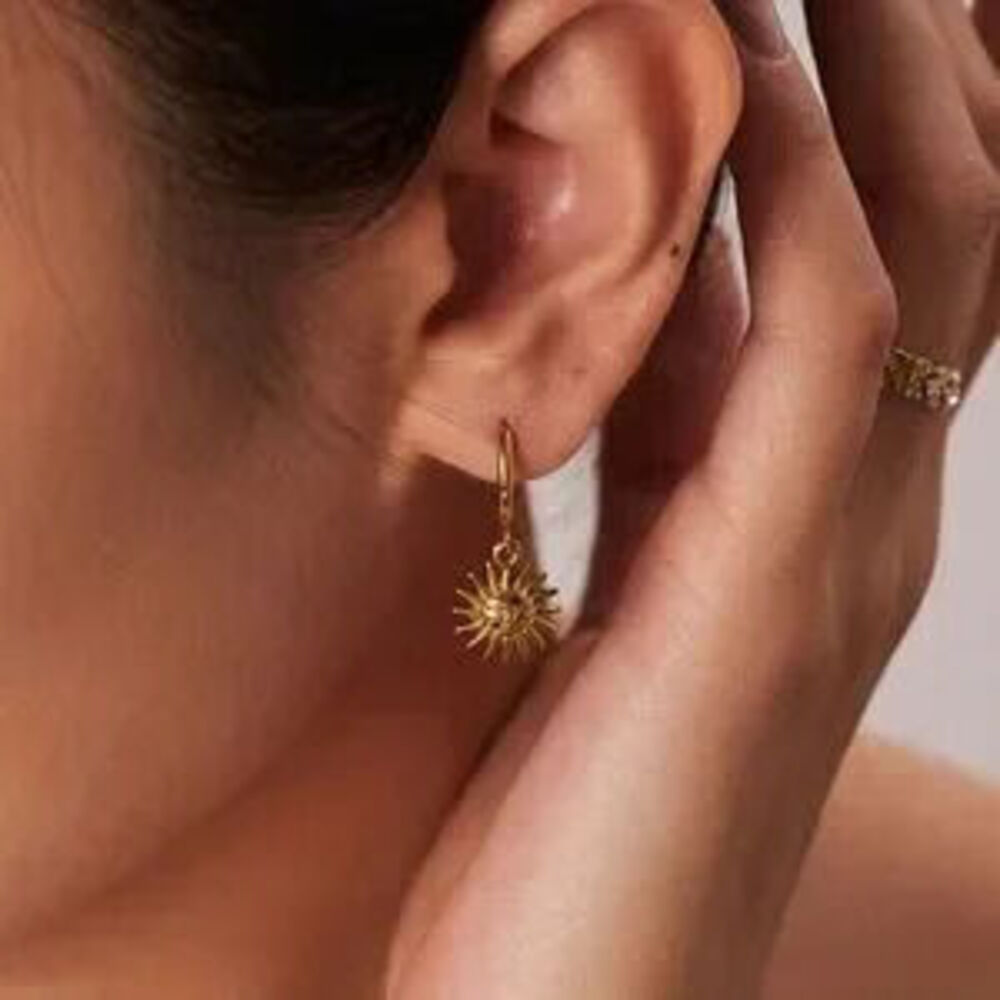 Gold Plated Stainless Steel Sunburst Drop Hoop Earrings